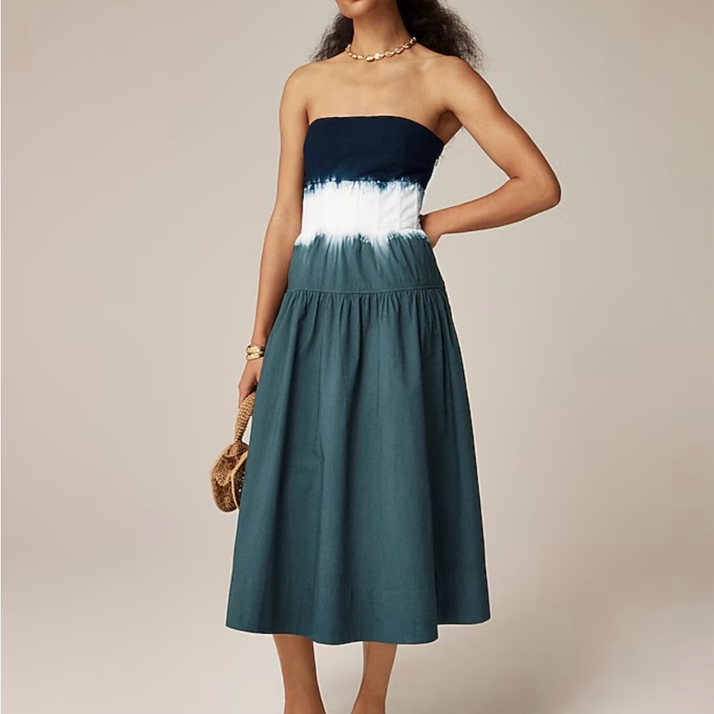 WOW JCrew Strapless Blue and White Midi Dress NWT